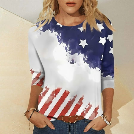 MGCWSH Patriotic Distressed T-Shirts Women Usa Themed 3/4 Sleeve Lightweight Blouses Crewneck Vintage Outfit White L