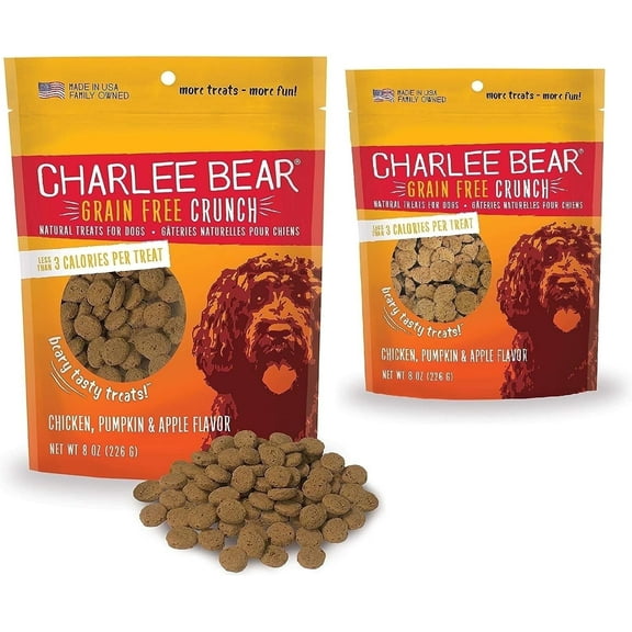 Charlee Bear Dog Training Treats for Small, Medium & Large Breeds, Crunchy Low Calorie Grain Free Dog Treats, USA Made, Chicken, Pumpkin & Apple, 2 Pack, 8oz Each