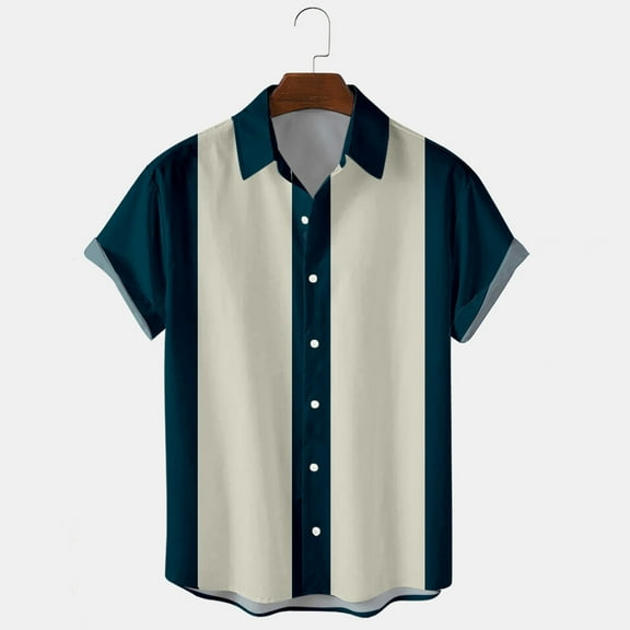 hlysgo Bowling Shirts for Men Short Sleeve Button Down Striped Shirt Casual Summer Hawaiian Beach Vacation Tops Loose Fit Going Out Clothes Navy XL