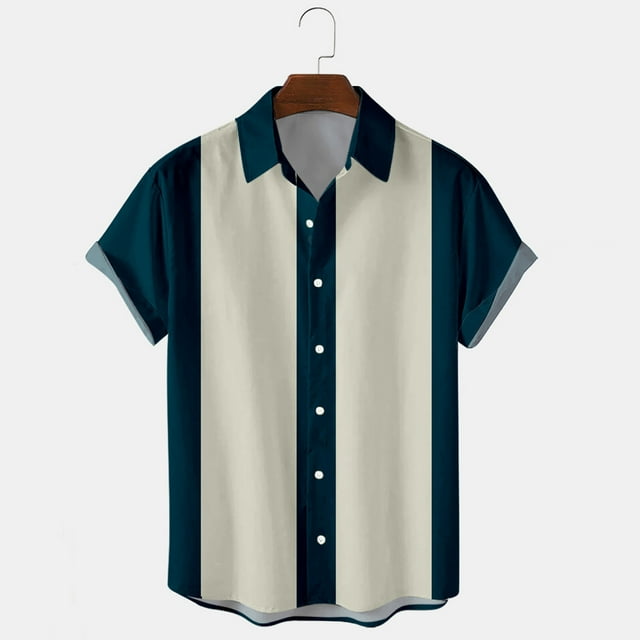 Weiqiqre T-shirt Homme Décontracté Boutons Imprimé Plage Rayé Col Rabattu Manches Courtes Chemise Blouse Décontractée, Coupe Régulière, Lavable en Machine, Polyester, Tenue d'Été