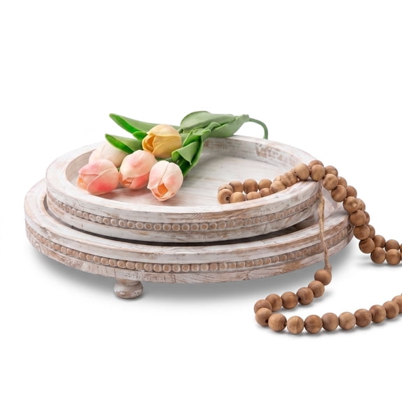 MODE HOME 2-Piece Whitewashed Wooden Serving Tray Set, Beaded Design, Farmhouse Decor for Living Room, Coffee Table & Ottoman Tray