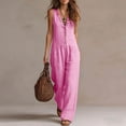 thumbnail image 5 of VBVC Women's Cotton-Linen Sleeveless Jumpsuit,Ruffle Trim Button Down Romper For Women,Ladies V-Neck Wide Leg Vacation Outfit with Pockets,Pink,S-3XL, 5 of 8