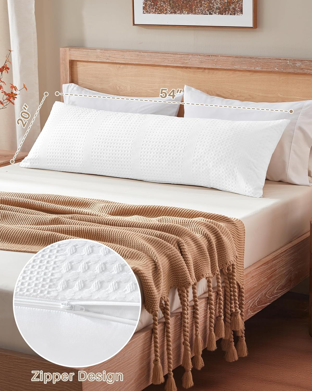 Nalqet Waffle Textured Decorative Lumbar Pillow 20x54 inch – Soft Polyester Long Throw Pillow for Sofa, Bed & Couch, White