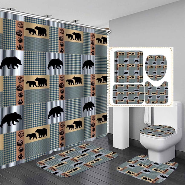 Juego de 4 cortinas de ducha de cabina con alfombras, cortina de ducha de tela impermeable, oso negro, ciervo, alce, pato real, animales del bosque, lago, cabaña de caza, casa de campo rústica,
