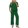 thumbnail image 2 of Women's 2 Piece Sets Summer Casual Short Sleeve Tops Wide Leg Pants Matching Lounge Set Vacation Travel Outfits Green M, 2 of 6