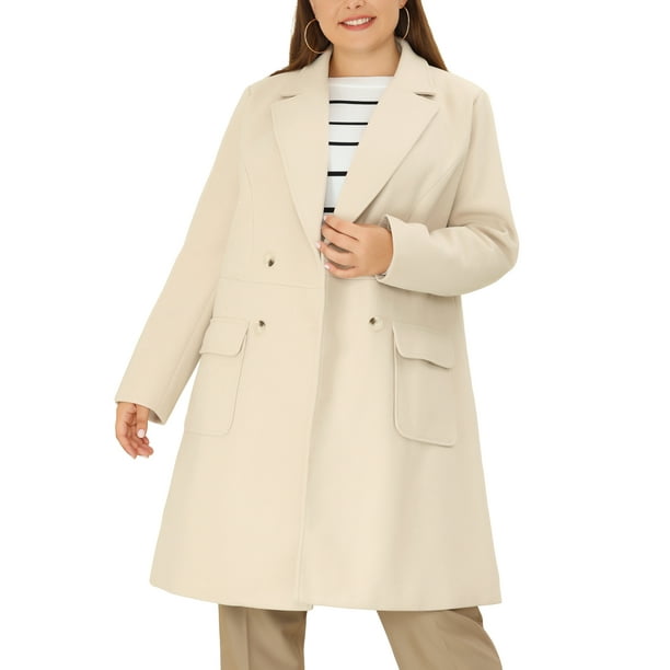 Abrigos largos de invierno para mujer en tallas grandes, con solapa de muesca, de doble botonadura, tipo trench, 1X beige