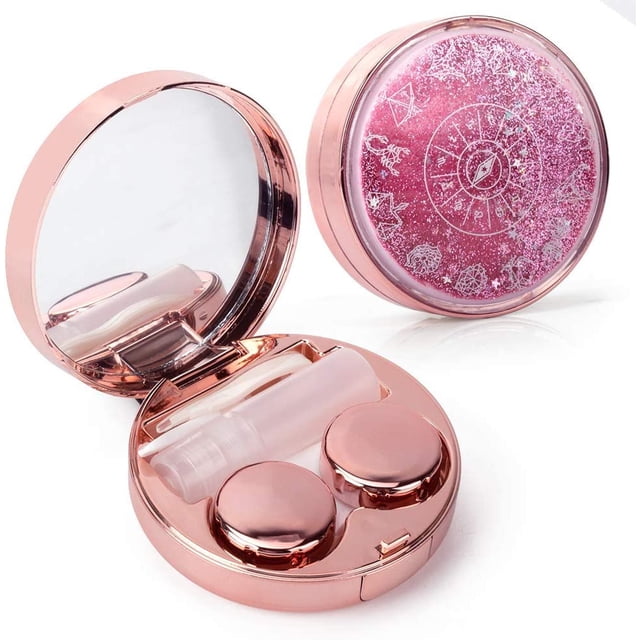ofone Contact Lens Case, Bling Constellations Contact Cases with Tweezers Remover Tool Mirror Solution Bottle Contact Lenses Storage Container Kit for Travel (Pink)