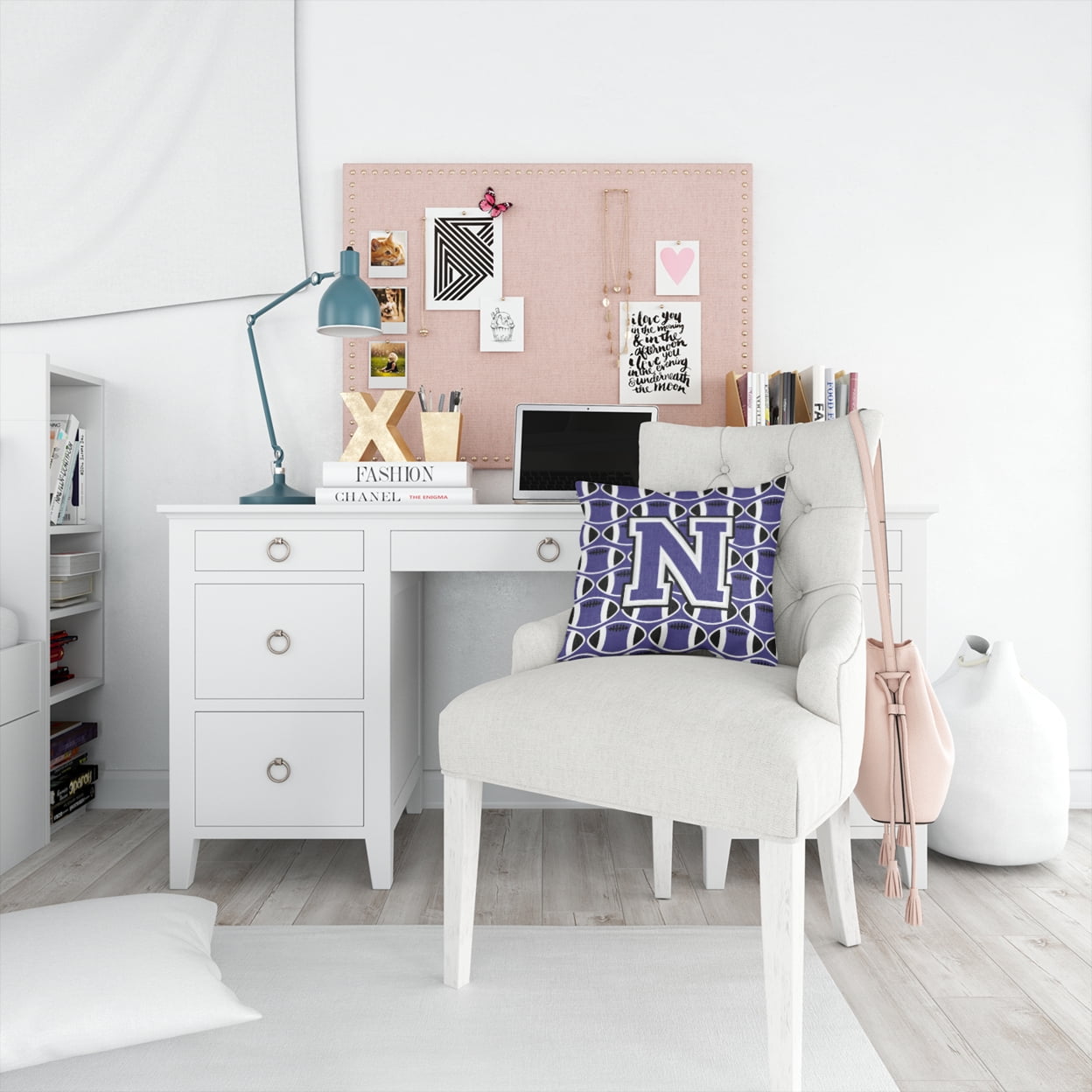 Letter N Football Purple and White Fabric Decorative Pillow