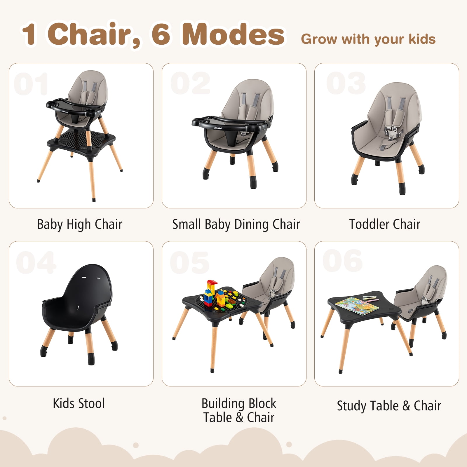 Babyjoy 6 in 1 High Chair Convertible Highchair for Babies & Toddlers with 5-Point Harness Black