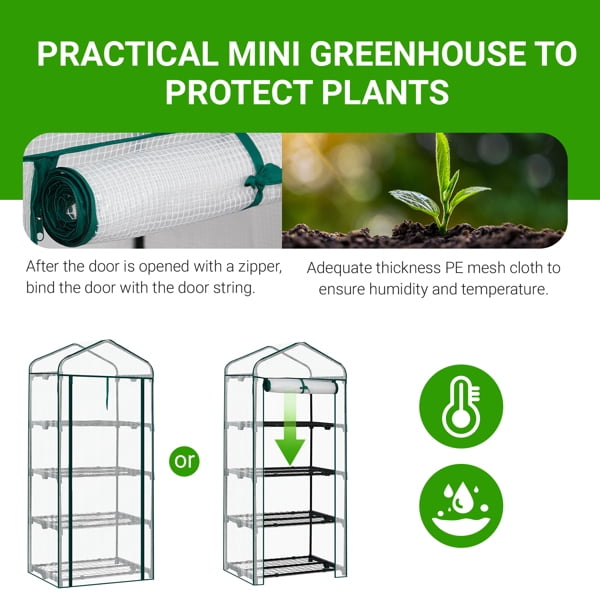 4 Tier Mini Greenhouse with PE Cover & Roll-Up Zipper Door, Portable Waterproof Greenhouse for Garden Backyard, 27" x 19" x 62", White
