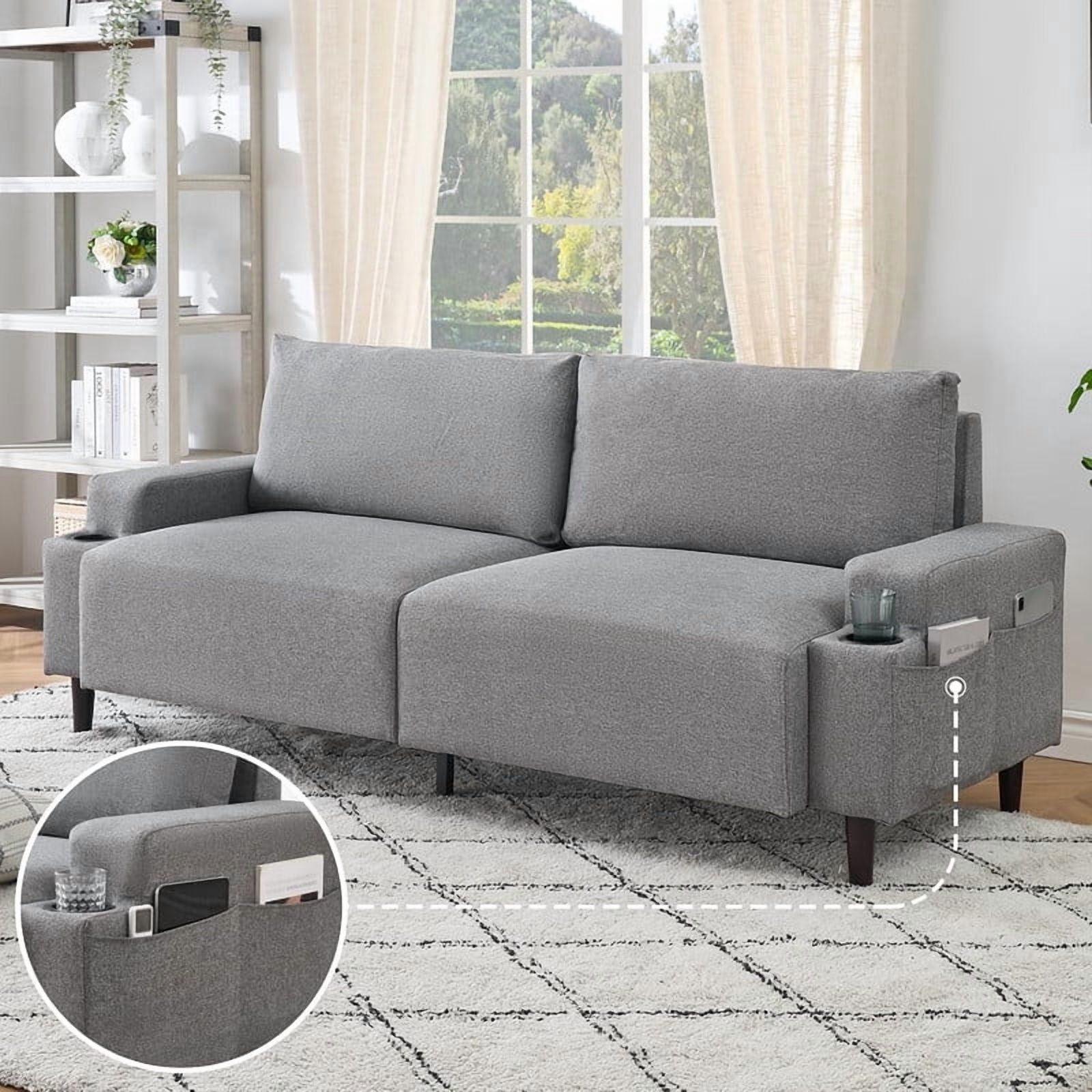 80 Inch Grey Modern Loveseat Sofa with Cup Holder, Deep Seat Sofa - Comfortable Sofa for Living Room