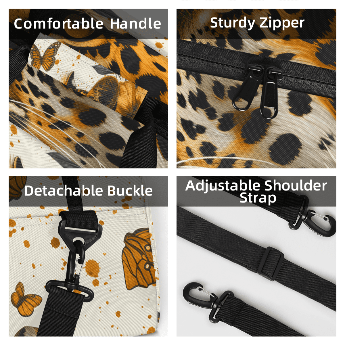 Herdesigns Leopard Sports Duffle Bag for Women & Men, Butterfly Leopard Print Gym Bag Dance Bag Overnight Bag Carry On Weekender Travel Bag