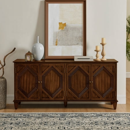 Mid Century Modern 65.2 Sideboard Buffet Cabinet with Storage Geometric Accent Console Table Wine Bar Cabinet for Living Room Entryway Kitchen Walnut