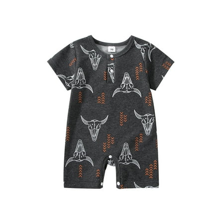

AmShibel Western Baby Boy Summer Jumpsuit Cowboy Cow Head Printed Onesie Short Sleeve Button Closure Romper Bodysuit