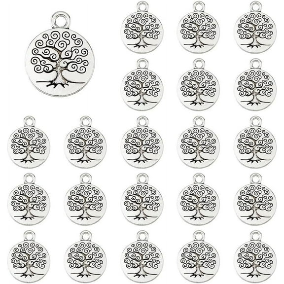50Pcs Antique Silver Tree of Life Charms Tibetan Style Alloy Tree Charms Flat Round Lucky Tree Charms Jewelry Making Hole: 2.5mm