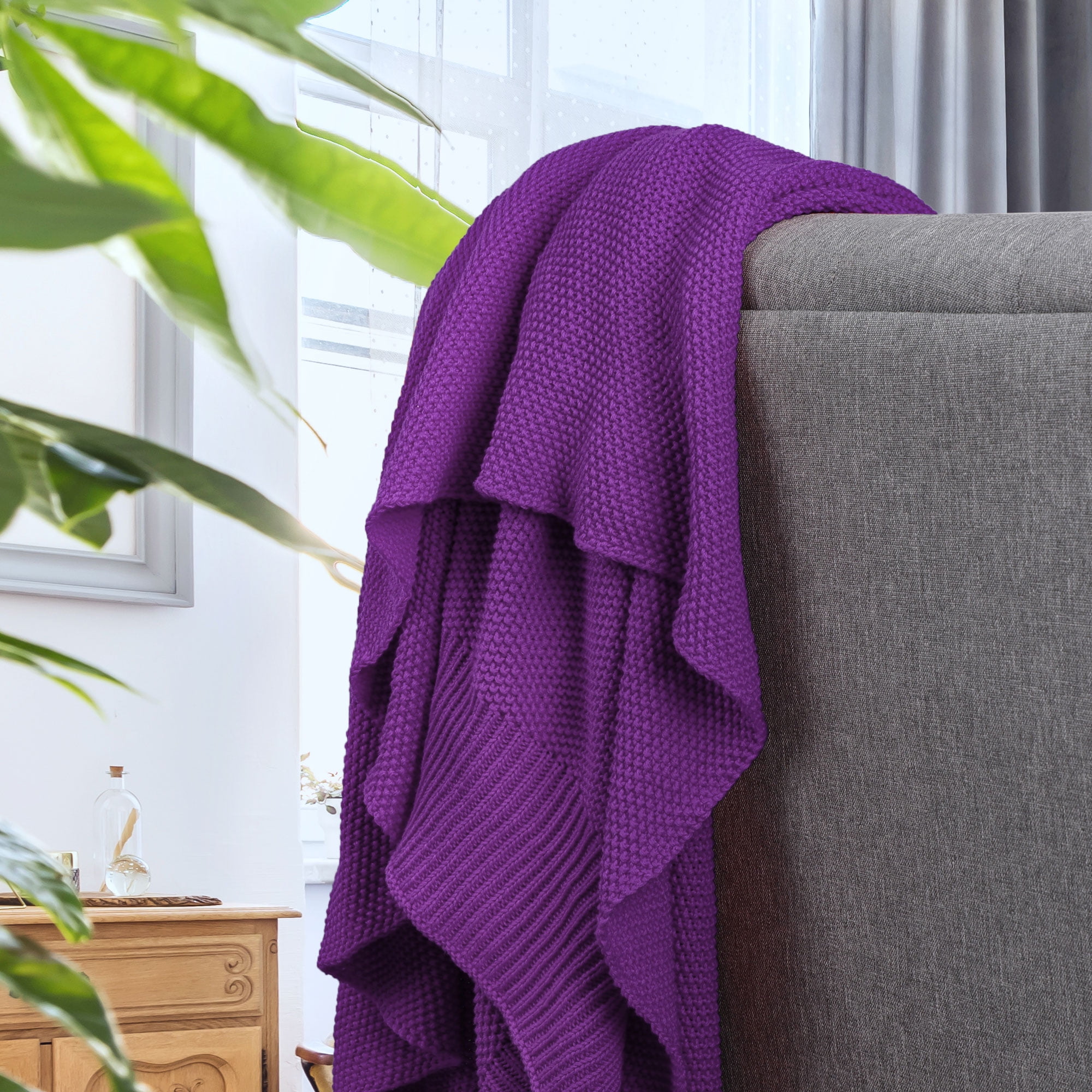 Unique Bargains Pure Cotton Soft Cable Knit Throw Blanket Purple 51" x 59"