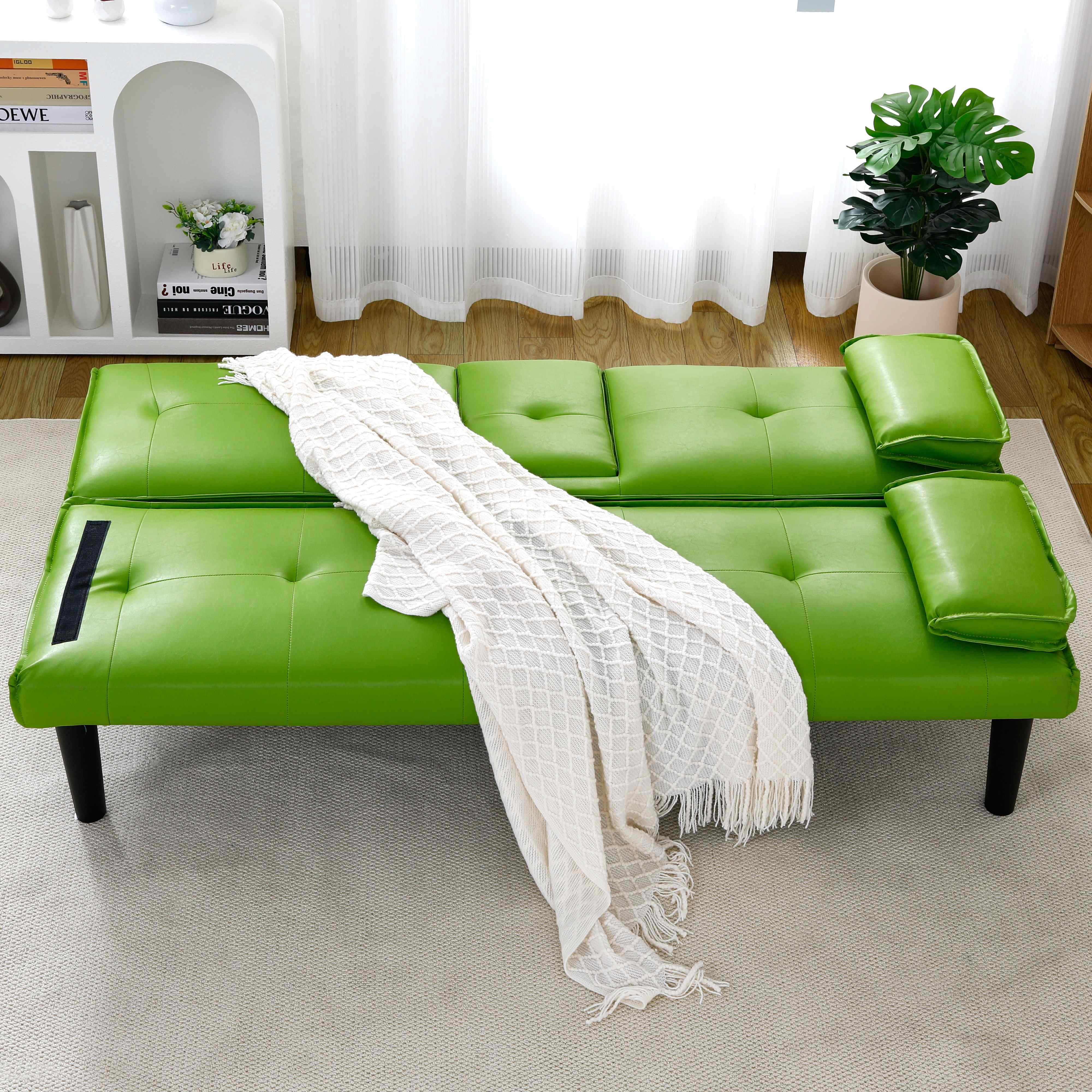 FFH 67" Futon Sofa Bed Loveseat Sleeper with Cup Holders, Folding PVC Couch for Living Room, Green