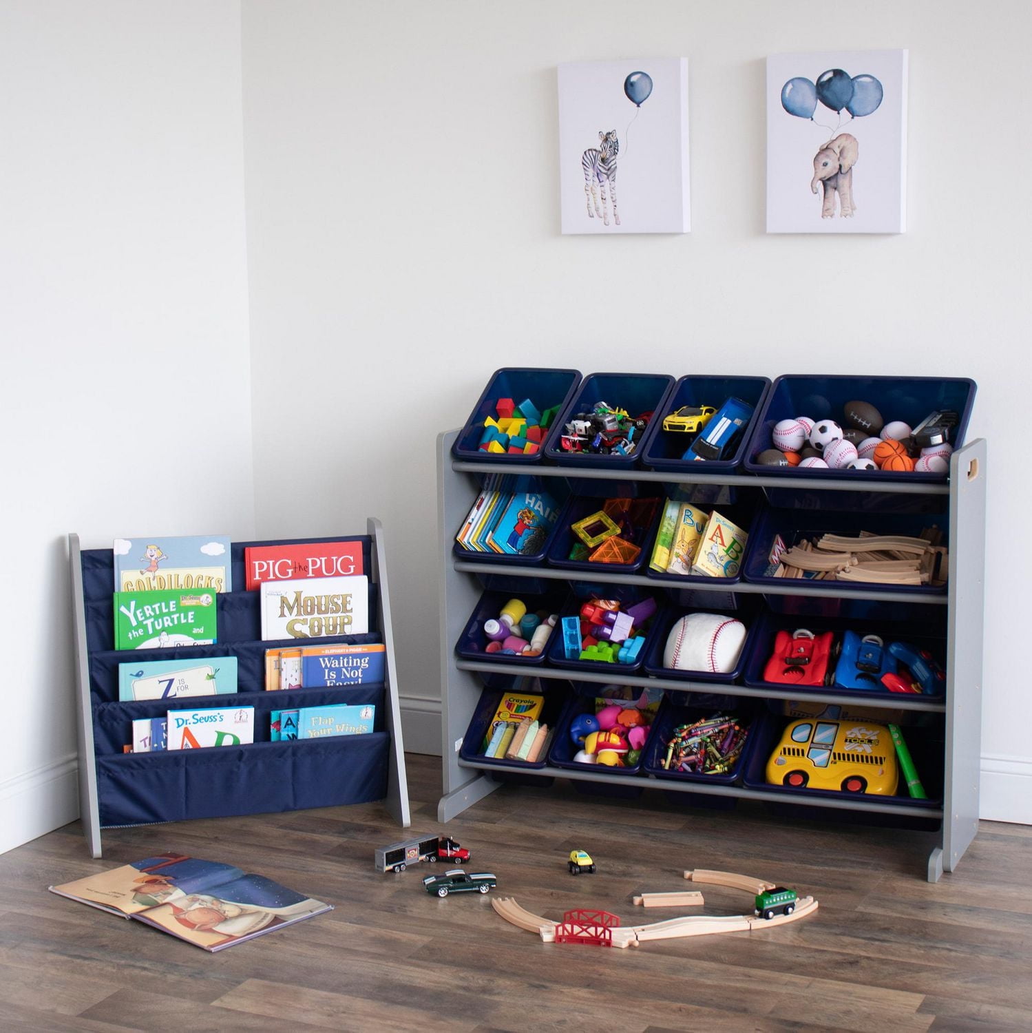 Humble Crew Newport Toy Storage Organizer with 16 Storage Bins, Grey/Navy