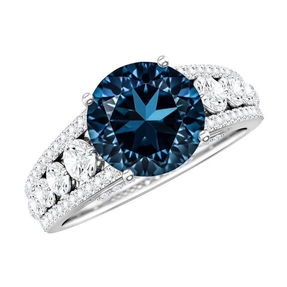 Rosec Jewels Natural London Blue Topaz Engagement Ring with Side Stones - 2 Carat - AAA Quality - Jewelry Box Included, 925 Sterling Silver, US 4.00