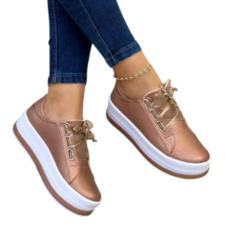 

Lace Up Round Toe Platform Walking Shoes Good Appearance Design Comfortable Foot Feeling Wear Shoes Every Day 41 Rose Gold