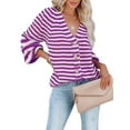 thumbnail image 3 of Womens Striped Sweater Coat Casual Long Sleeve Open Front Button Down Loose Knit Cardigan Fall Purple XL, 3 of 8