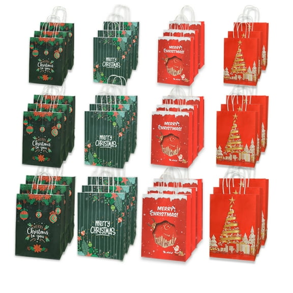 Christmas Gift Bags with Handles, 36 Pack Holiday Kraft Paper Gift Bags (Small, Medium, Large – 12 Each), 4 Assorted Designs, Reusable Bulk Value Pack for Presents, Candy, Toys, Books & Party Favors