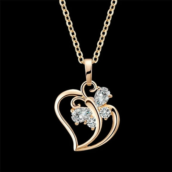 Trendy CZ Butterfly Heart Charm Pendant Necklace 35cm 14K Yellow Gold Choker Neck Chains For Women Jewelry collier femme