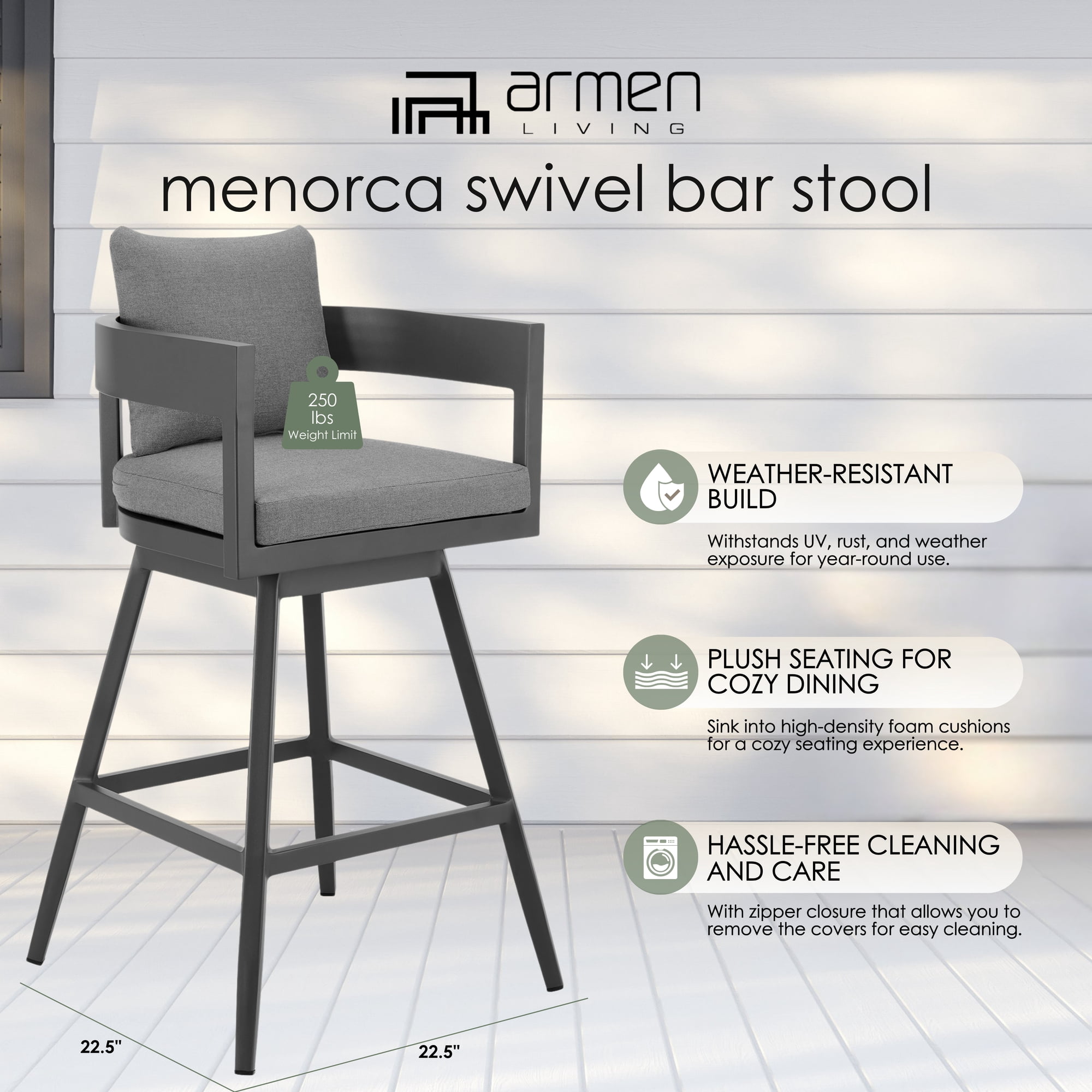 Menorca Outdoor Patio Swivel Counter Stool in Aluminum with Gray Cushions - Set of 3
