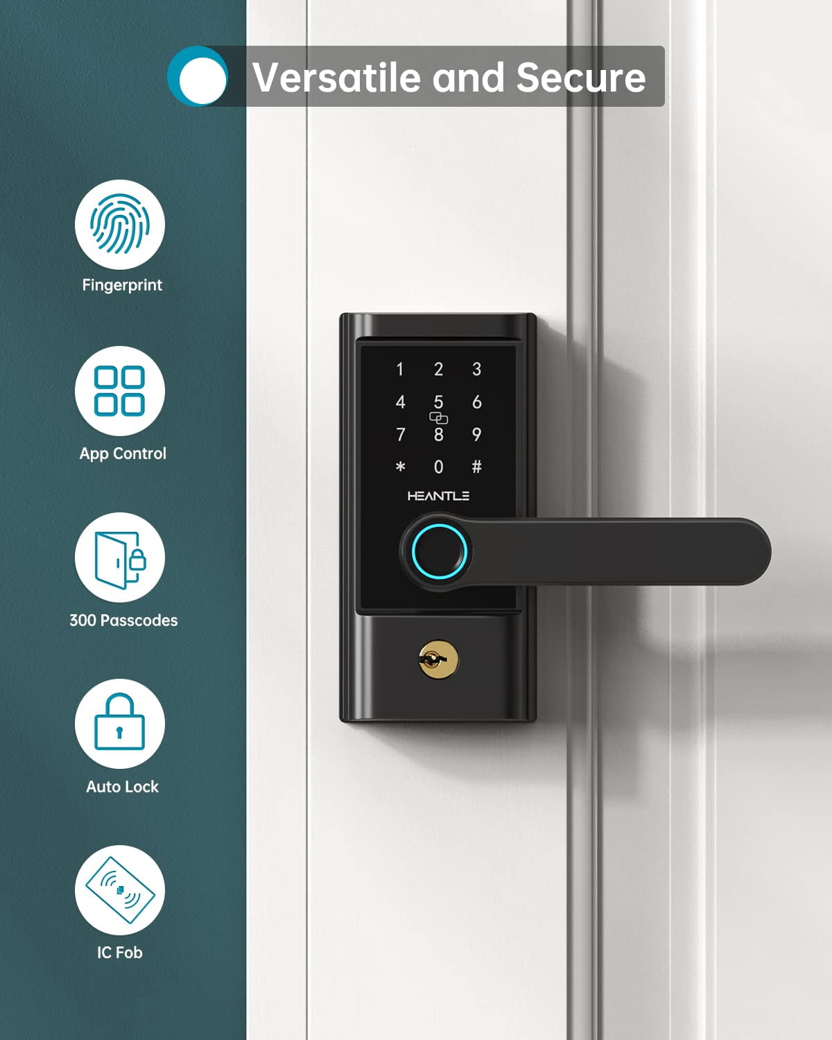 Smart Lock, HEANTLE Keyless Entry Door Lock, Smart Door Lock for Front Door, Door Lock with Handle, Fingerprint Door Lock, Google Smart Lock, Free App, IC Card, Code, Easy Installation (Black)