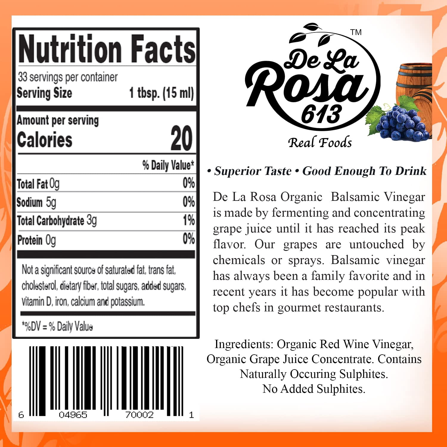 De La Rosa613 Organic Balsamic Vinegar, Kosher, Vegan & Gluten-Free, 16.9 Oz
