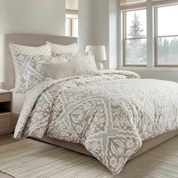 Levtex Home - Becker Taupe Comforter Set - Twin Comforter   One Standard Pillow Case - Ikat - Taupe, Grey and Cream - Comforter (68 x 88in.) and Pillow Case (26 x 20in.) - Cotton