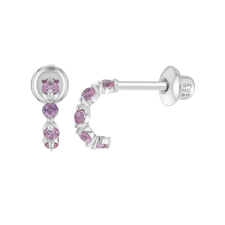 925 Sterling Silver Pink CZ Prong Set Half Hoop Screw Back Earrings for Girls