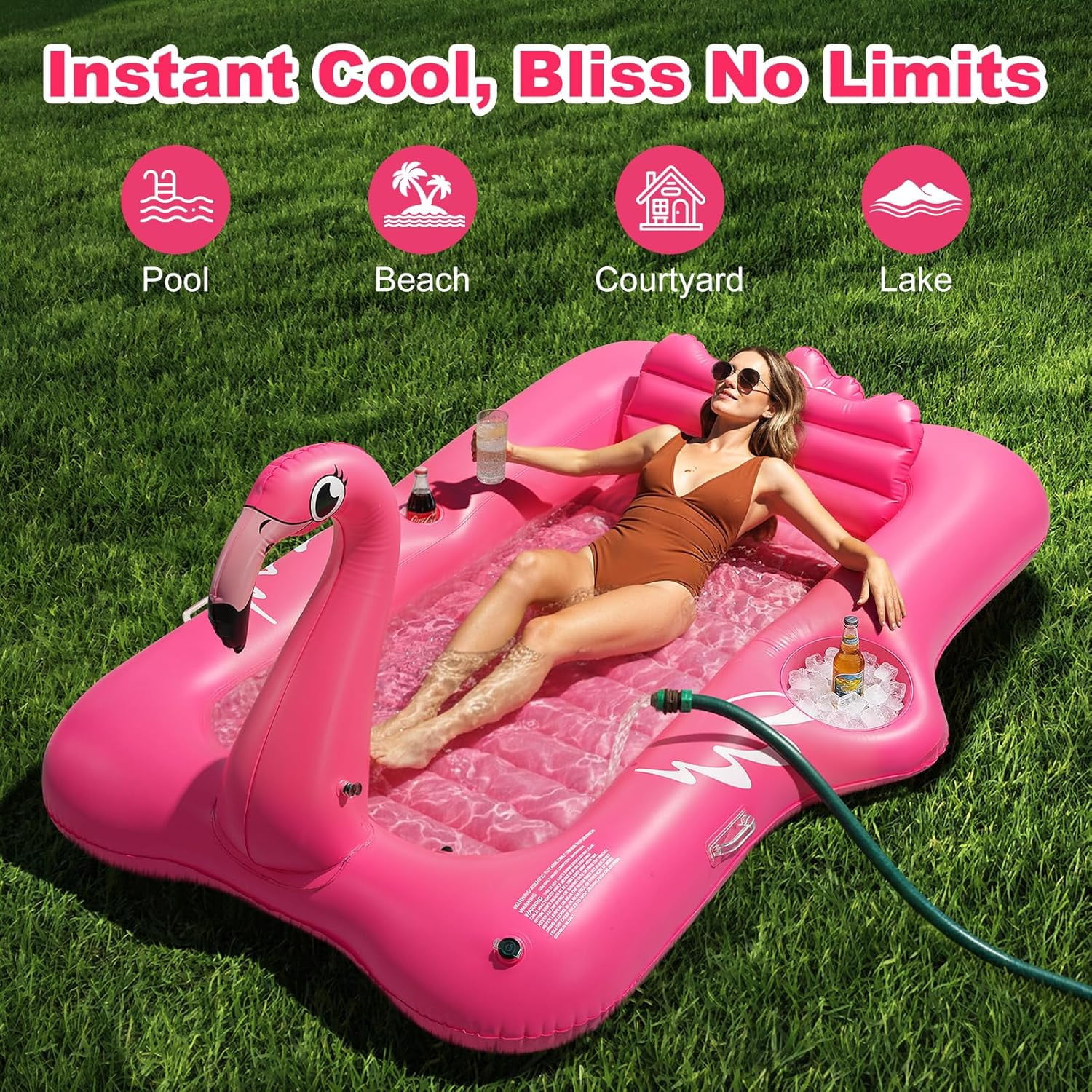 HeySplash Inflatable Tanning Pool, Flamingo Tanning Pool Lounger with Cup Holder, Floaties for Adults, Inflatable Pools Floats with Dual Handles Detachable Pillow for Beach Summer