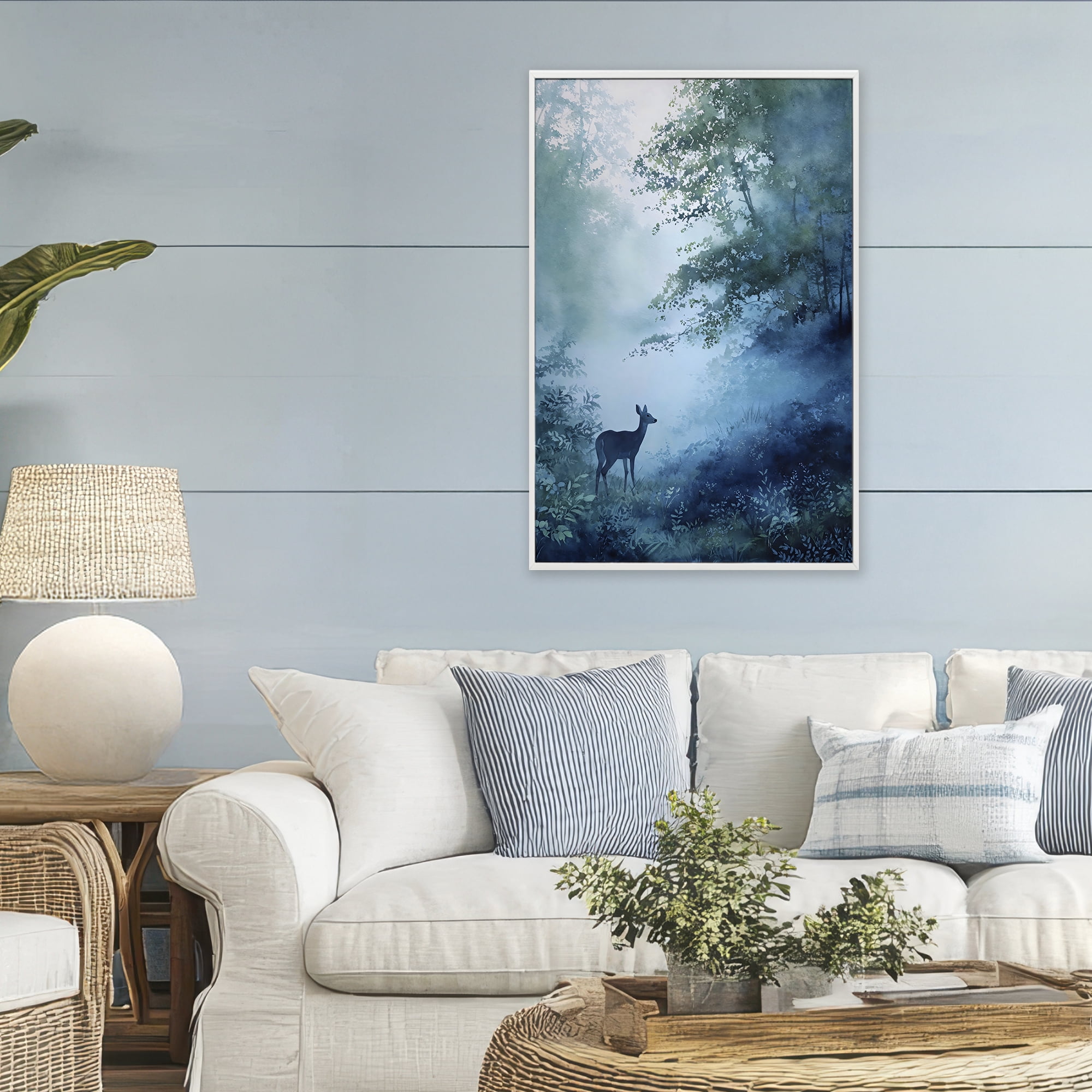 Stupell Industries Blue Dawn Deer in Mist White Framed Giclee Art, design by Franklyn Gregory