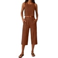 thumbnail image 3 of Women's 2-Piece Linen-Look Lounge Set, Sleeveless Crop Top with High Waist Drawstring Capri Pants, Summer Casual Beach Vacation Outfit Coffee L, 3 of 7