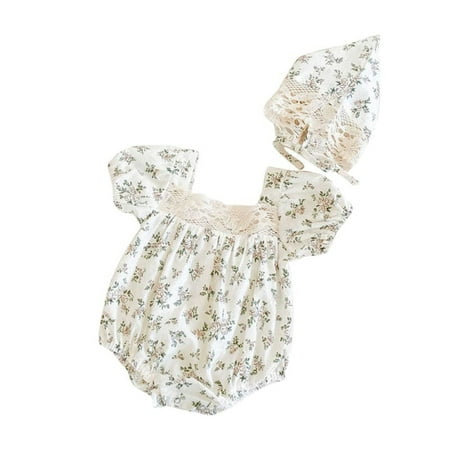 

GWAABD Little Girls Spring Outfits Beige Cotton Baby Girls Short Bubble Sleeve Floral Romper with Hat Outfit Set Clothes 2PCS 80