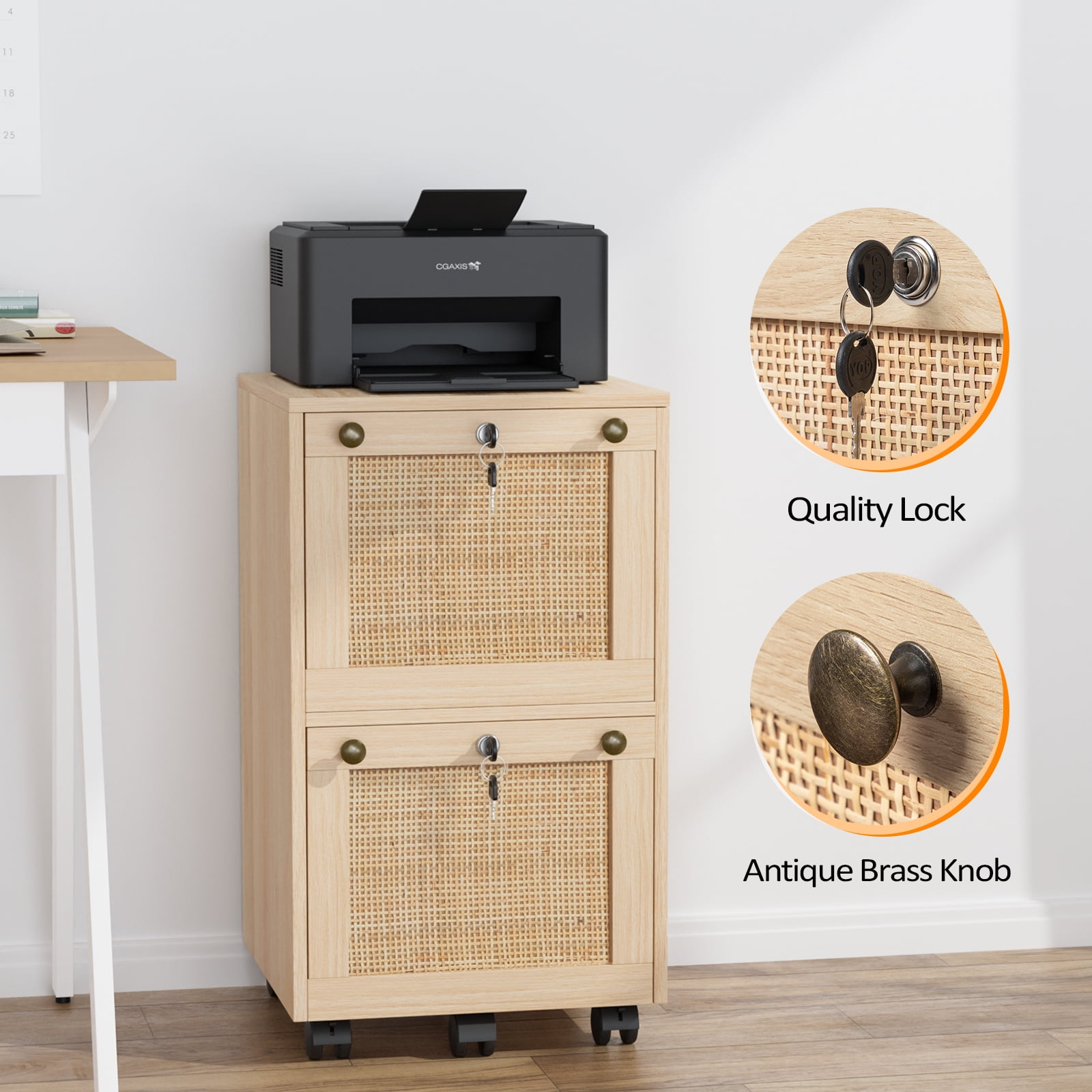 Ktaxon Rattan Wood File Cabinet with 2 Drawers,  Portable Vertical Mobile Wooden Storage Filing Cabinet, for Home Office, Natural