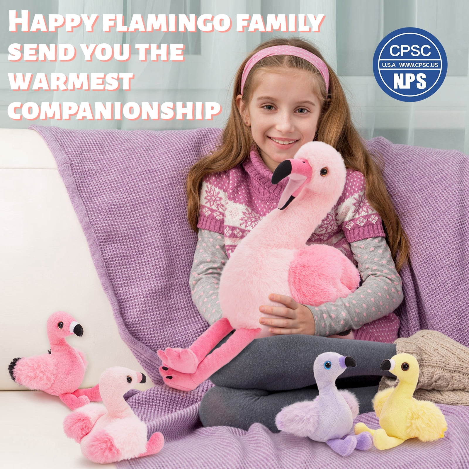 MorisMos 17.7'' Plush Flamingo Stuffed Animals with 4 Baby Flamingo Toy