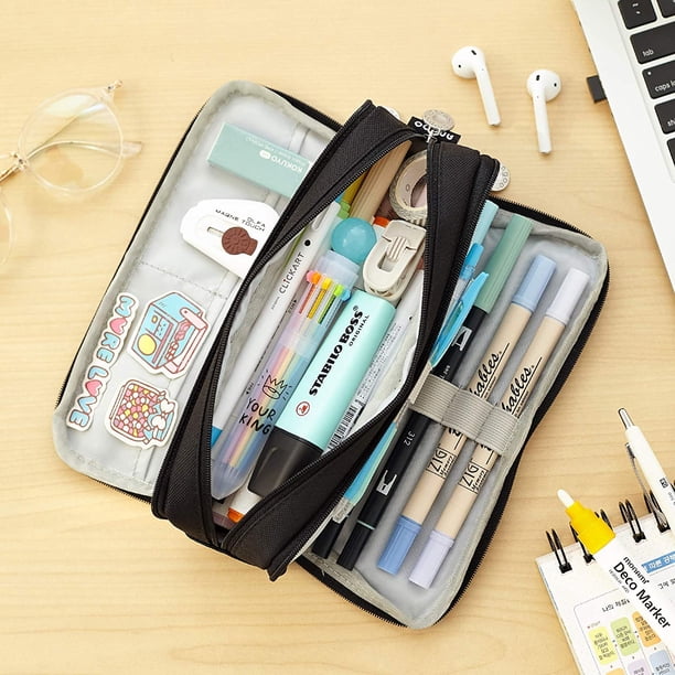 Estuche Para Lápices De Gran Capacidad Con 3 Compartimentos, Estuche Para Bolígrafos, Para La Escuela, Adolescente, Niña, Niño, Hombre, Mujer (negro) JAMW Sencillez | En Línea
