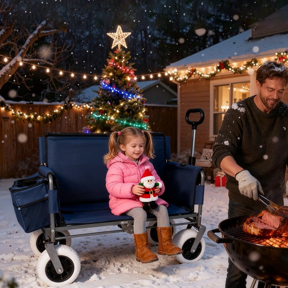 GDF Studio 3-in-1 Folding Wagon with Bench Seat, Steel Frame, Heavy-Duty and All-Terrain Beach Tires, Dark Blue