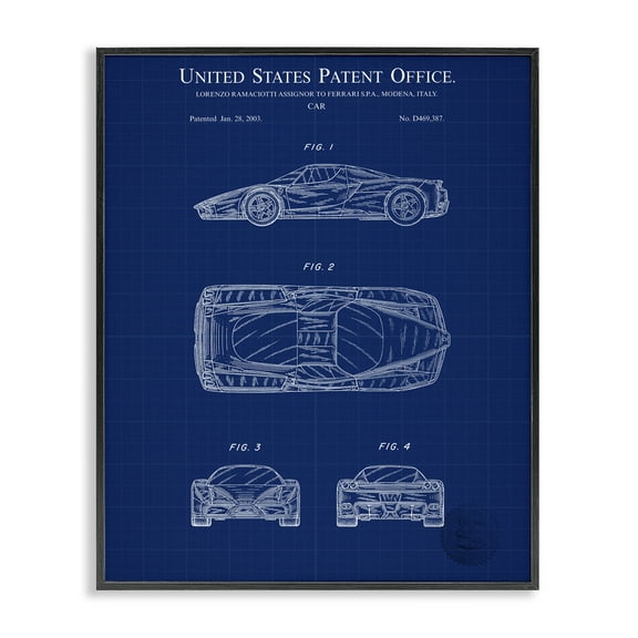 Stupell Industries Detailed Car Blueprint Transportation Painting Black Framed Art Print Wall Art, 11 x 14
