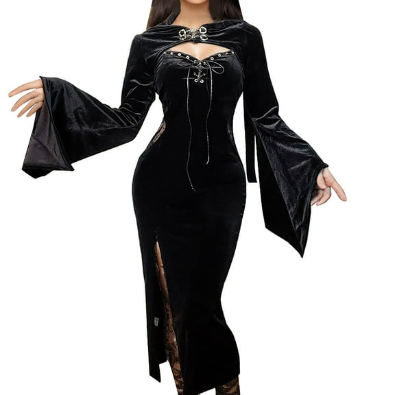 Women's Halloween Court Performance With Hooded Flared Sleeves Dress