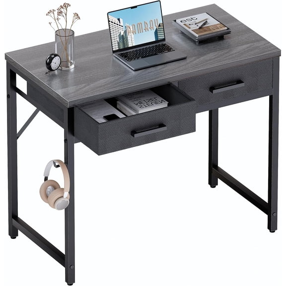 32 Inch Small Computer Desk with 2 Drawers for Bedroom Study Writing Home Office Table Grey
