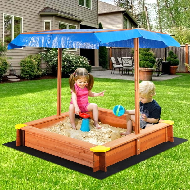 GVDV Sandbox, Wooden Sandpit with Adjustable Canopy for Backyard