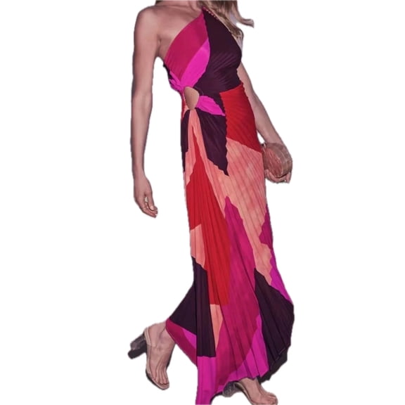 Women's Single Shoulder Floral Pleated Dress with Ruched Details and Asymmetrical Cutout Silhouette 100% Polyester