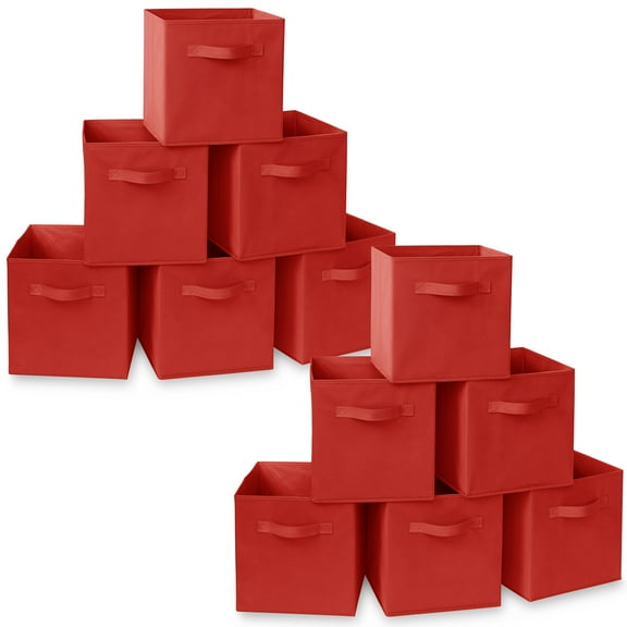 Casafield Set of 12 Fabric Storage Cube Bins, Red - 11" Collapsible Foldable Cloth Baskets for Shelves and Cubby Organizers