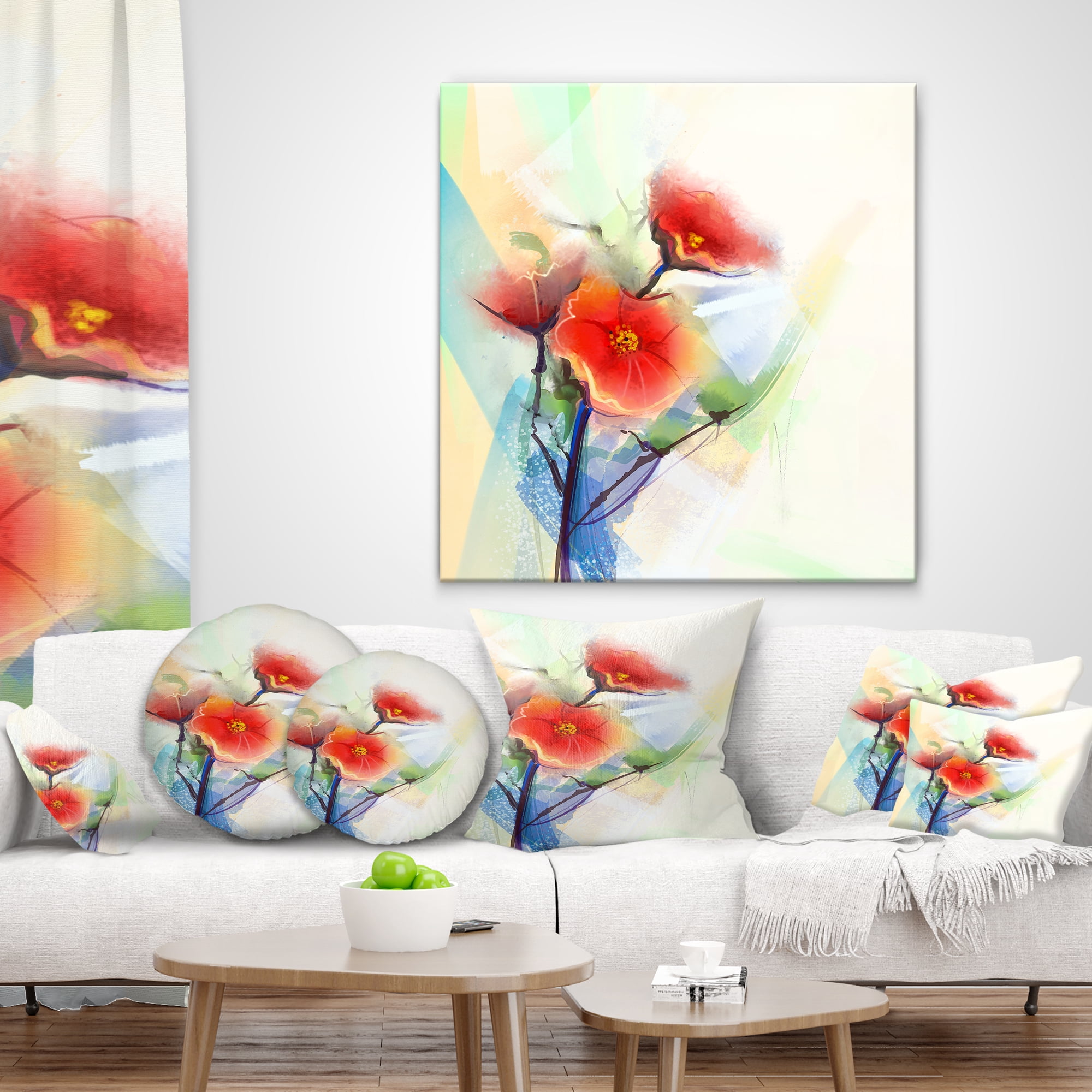 Designart Red Poppy Flowers on Grunge Back - Floral Throw Pillow - 12x20