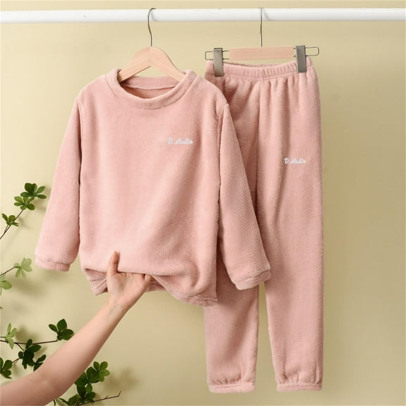 Children's Pajamas Warm Solid Color Set Boys and Girls Children's Home Wear Soft Fuzzy Homewear with Sweatpants Size 6-7 Years