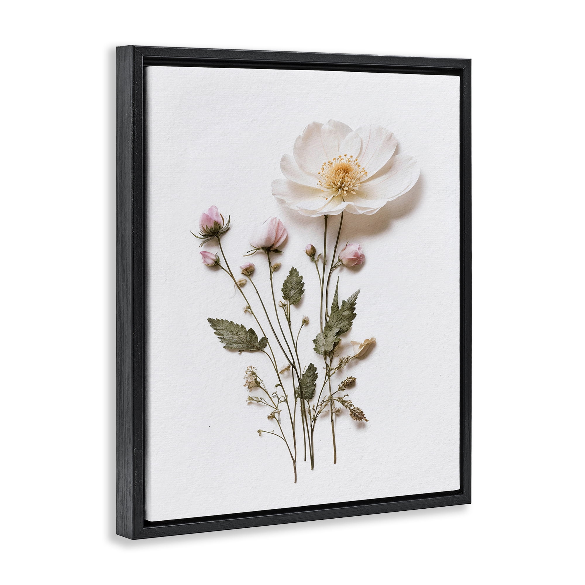 Simple Pressed Flowers Black Framed Floater Canvas Wall Art, design by Lettered and Lined