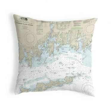 Betsy Drake Interiors Fishers Island Sound, RI Nautical Map Noncorded Indoor/Outdoor Pillow 18x18